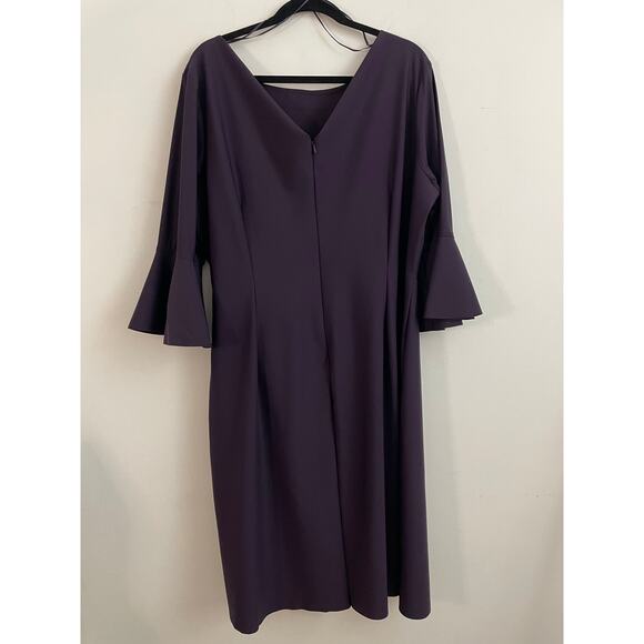 Alex Evenings Slimming Bell Sleeve Scuba Sheath Dress with Brooch in Plum Purple - Picture 7 of 13